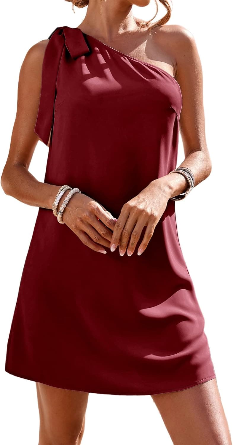 Fesier One Shoulder Dresses for Women Sexy Sleeveless Silk Knot Shift Mini Dress Casual Solid Color Cocktail Party Dress
