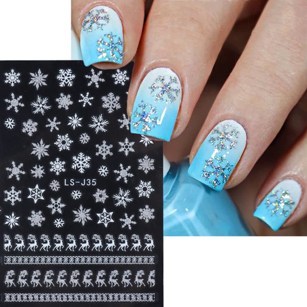 Snowflake Nail Art Stickers Decals 6 Sheets 3D Self-Adhesive Exquisite Christmas Nail Art Supplies Romantic Winter Silver Snowflake Elk Design Nail Decorations Women and Girls DIY Acrylic Nail Art