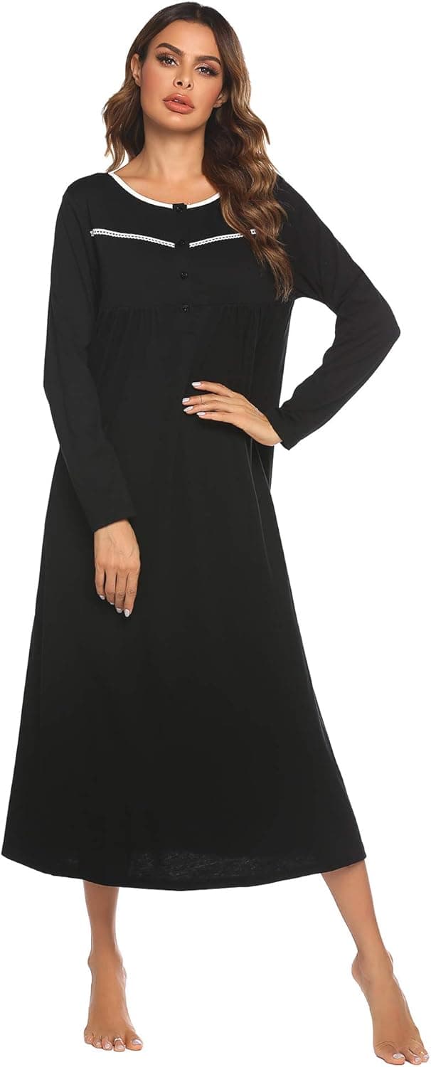 Ekouaer Nightgown Long Women's Long Sleeve Sleepwear Full Length Nightshirt Soft Cotton Sleep Gowns
