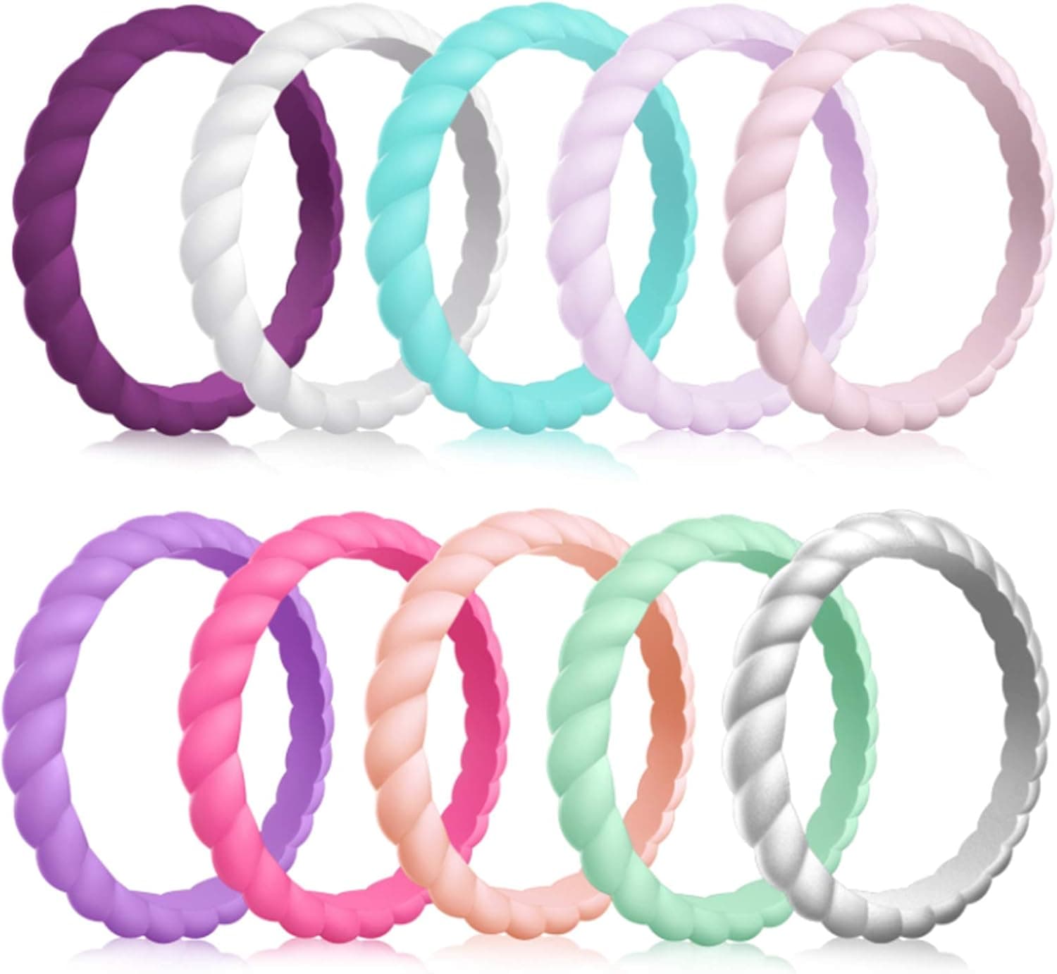 Forthee 10 Pack Silicone Wedding Ring for Women, Thin and Braided Rubber Band, Fashion, Colorful, Comfortable fit, Skin Safe