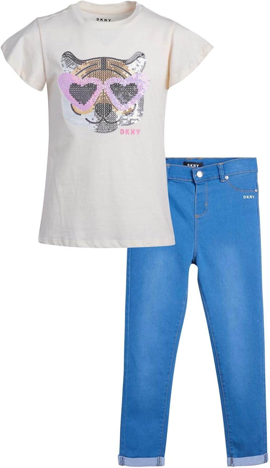 DKNY Girls’ Jeggings Set – Short Sleeve T-Shirt and Stretch Denim Jeans Pants Set