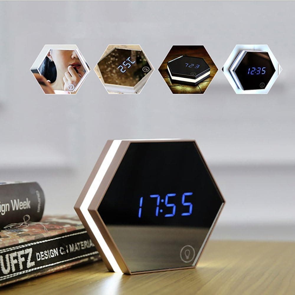 Portable Alarm Clock, KINGEAR Rechargeable Digital Mirror Alarm Clock LED Table Lamp Travel Clock