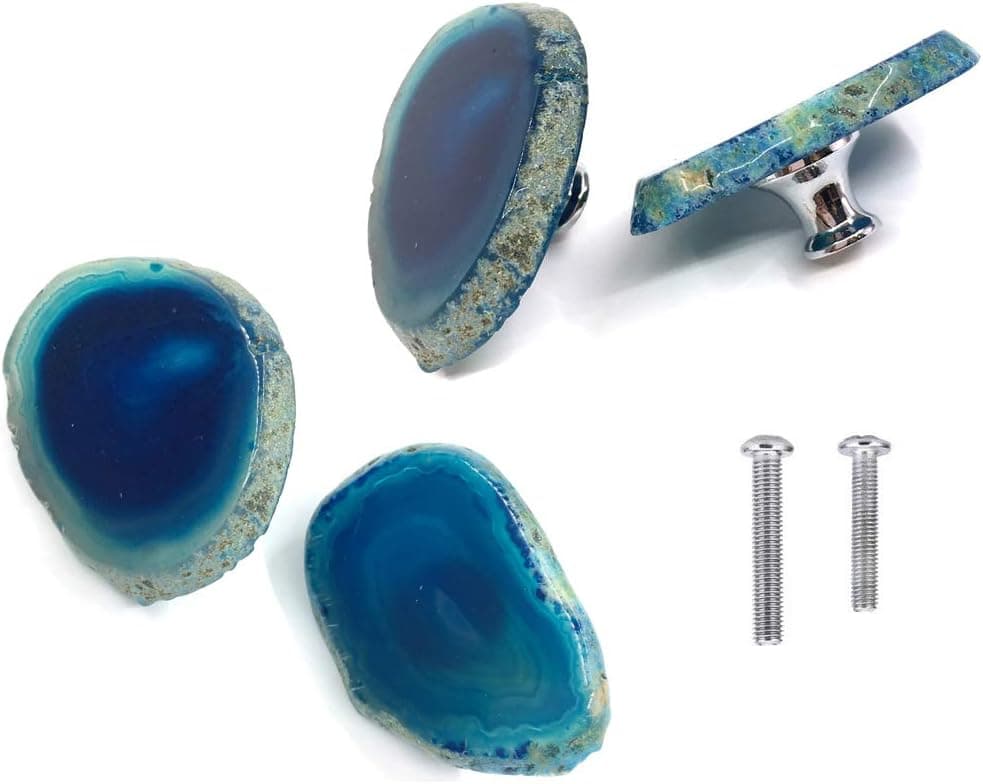 HozYi Set of 2 Natural Blue Agate Slices Stone Drawer knobs for Nursery Cupboard Wardrobe Kitchen Cabinet Decor Dresser Knobs Pulls Handles (Blue)