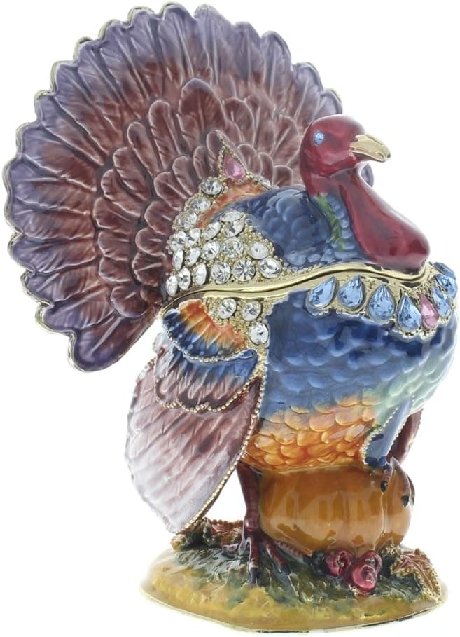 Turkey Trinket Box, Topaz & Clear Swarovski Crystal, Colorful Enamel Over Solid Pewter Base, L 3.50 X H 4.00 X W 2.75