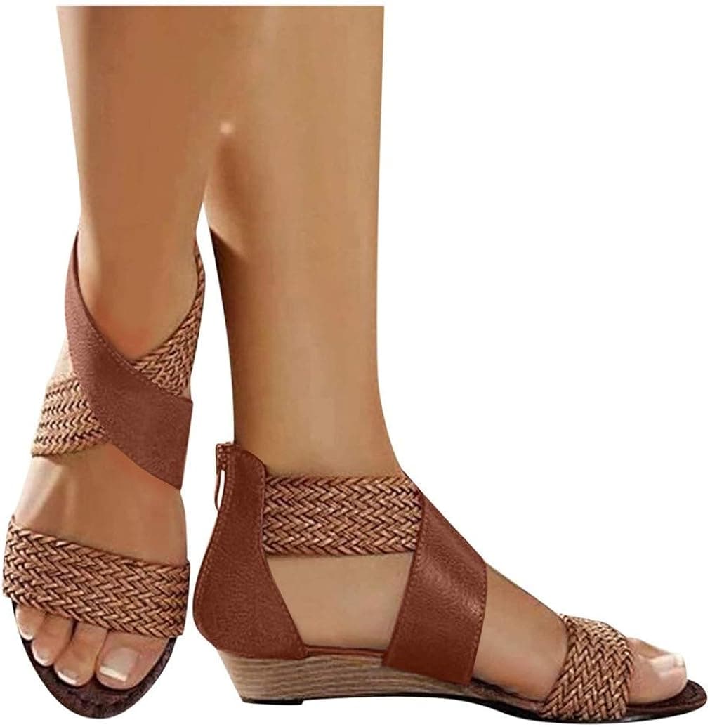 Women Braided Sandals Summer Non-Slip Comfortable Wedge Heels Open Toe Zipper Beach Bottom Sandals by Nevera
