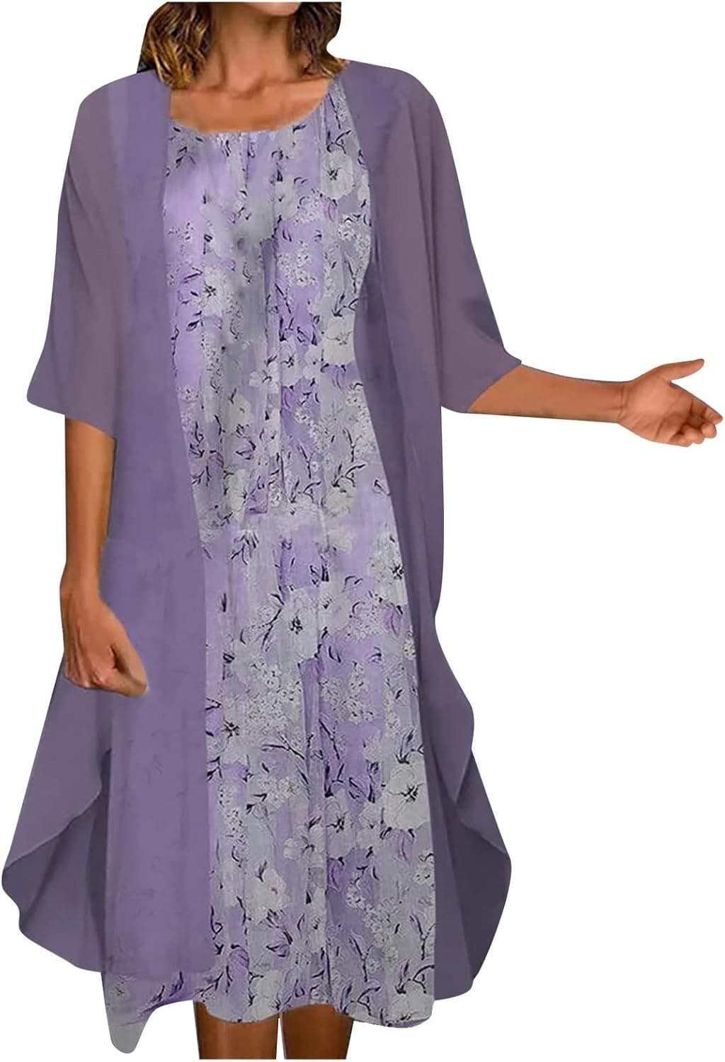Cardigoo Plus Size Dress for Women Flowy Floral Print Two-Piece Set Chiffon Dress Crewneck Dress Wedding Guest, Blue, 4X-Large