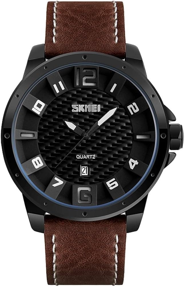 Mens Analog Quartz Watches,Brown Leather Band Waterproof Bussiness Casual Dress Wrist Watch with Date for Men