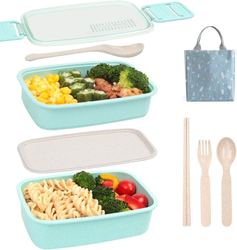 SAYOPIN Bento Box for Kids & Adults, 2-In-1 Compartment, Wheat Straw, Leak-Proof and Microwave-Safe Japanese Bento Lunch Box (Blue)