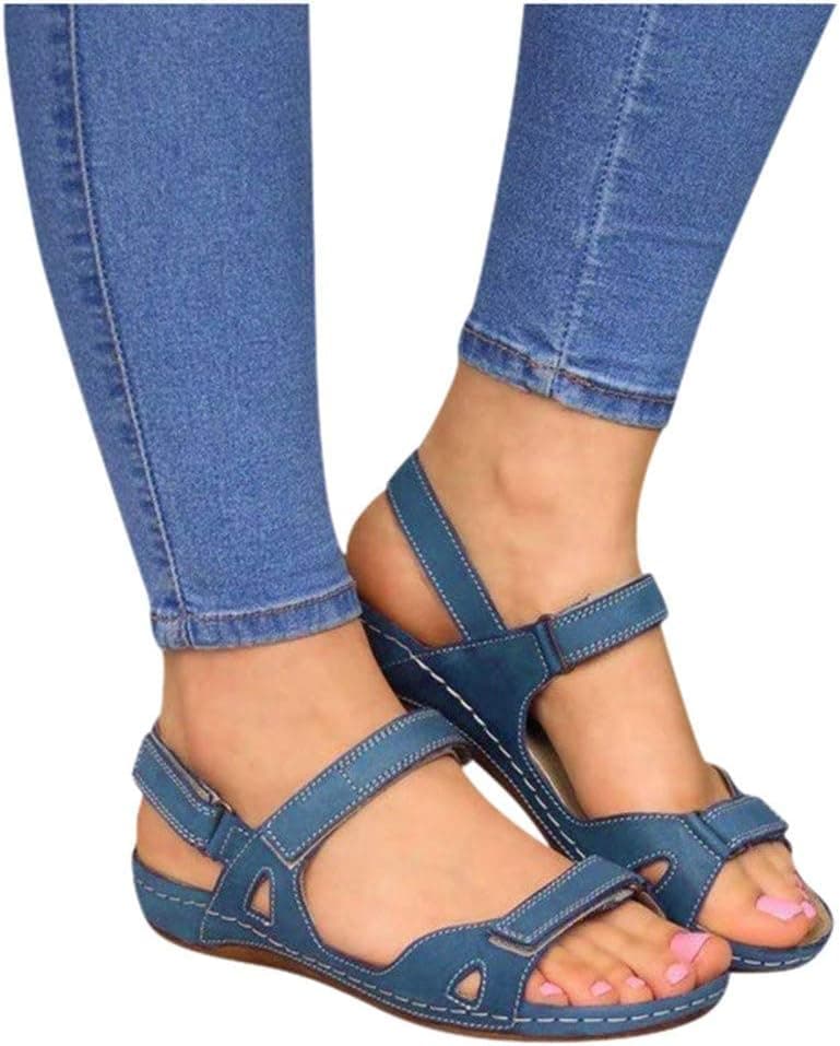 Rodam Women Extra Soft Ankle Buckle Sandles Low Plataform Knee Foot Pain Relief Flat Summer Breathable Comfy Shoes for Beach Pool Office School Home Elastic Anti Slip Sandles (Blue, 5.5)