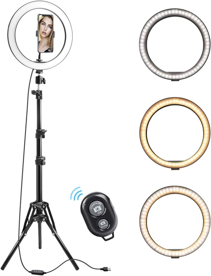 10" LED Ring Light with Tripod Stand & Dimmable Brightness, Selfie Ring Light with Phone Holder for Live Streaming, Makeup, YouTube, Photography Compatible with iPhone & Android