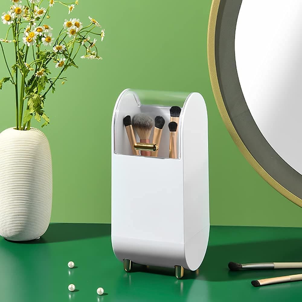 Cretee ABS Makeup Brush Holder, High-End Design Large-Capacity Makeup Organizer, Flip Design Light Makeup Brush Organizers, Dressing Table Make Up Storage Organizer with Free Pearls (White)