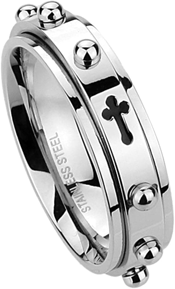 Double Accent 6MM Stainless Steel Cross Rosary Spinner Praying Ring
