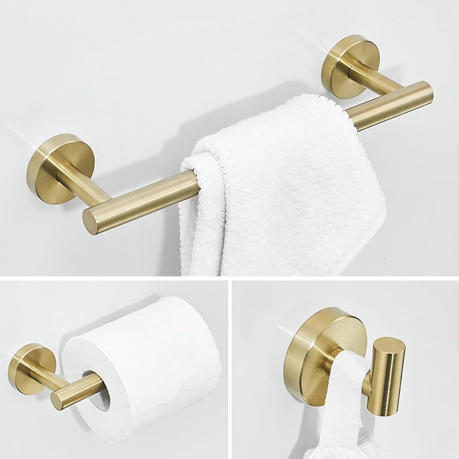 Wheanen 3-Pieces Bathroom Hardware Set Gold SUS304 Stainless Steel Wall Mounted Towel Rack Pack - Includes 16" Towel Single Bar,Toilet Paper Holder, Robe Towel Hook,16 inches