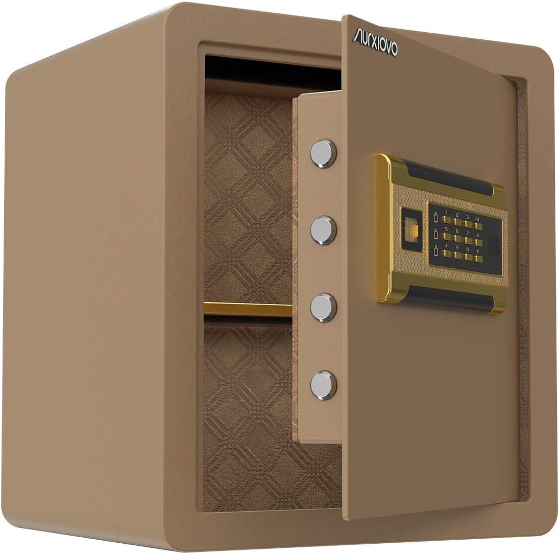 Nurxiovo Security Safe Box, Safe with Double Safety Key Lock and Password, Secret Cubby, Removable and Adjustable Shelf, for Home Office (1.6 Cubic Feet, Brown)