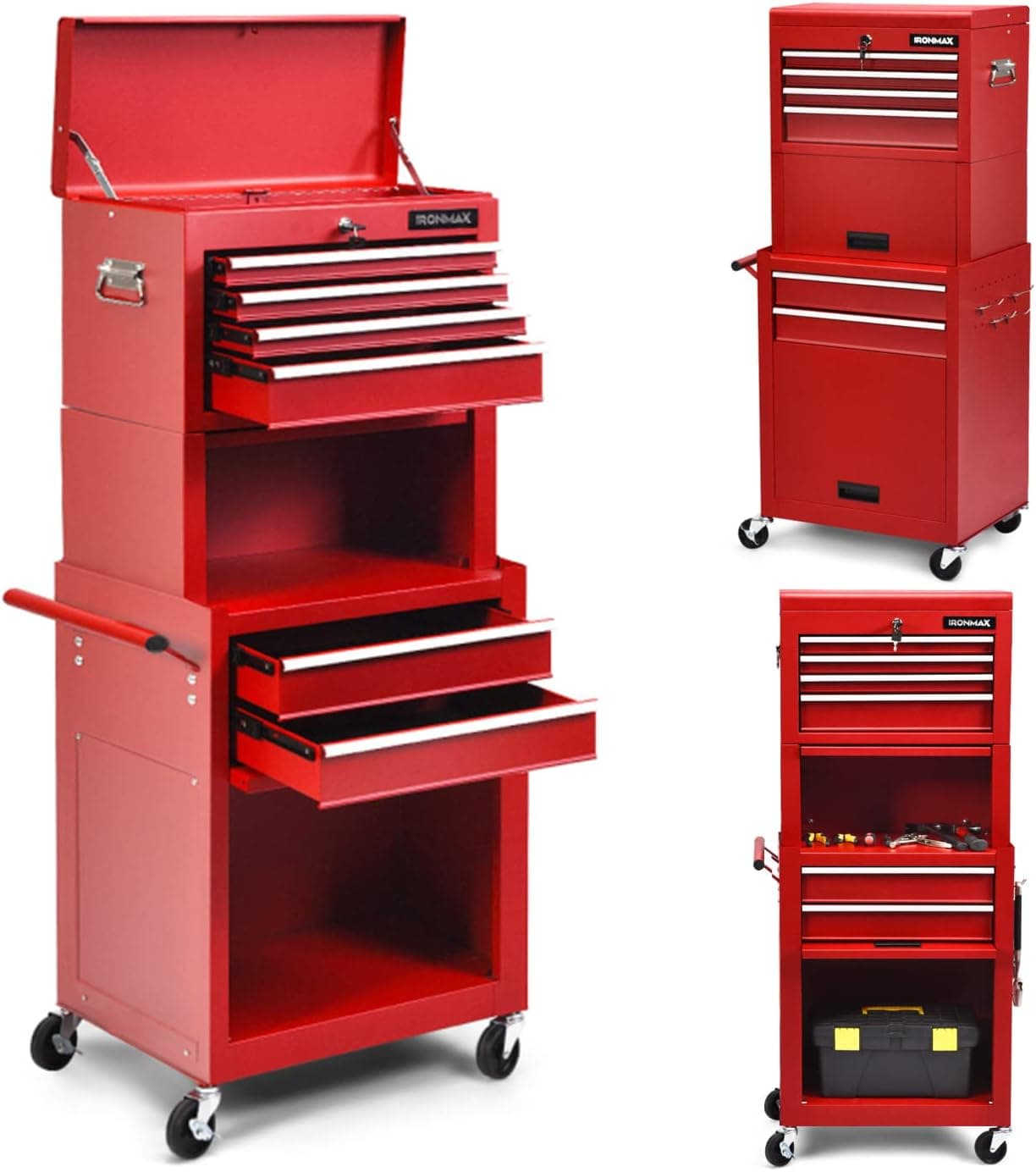 ERGOMASTER 6 Drawers Tool Chest Cabinet High Capacity Tool Storage Cabinet with Wheels and Lock System, Detatchable Toolbox Organizer with Sliding Drawers (Red, 53 Inches Height)
