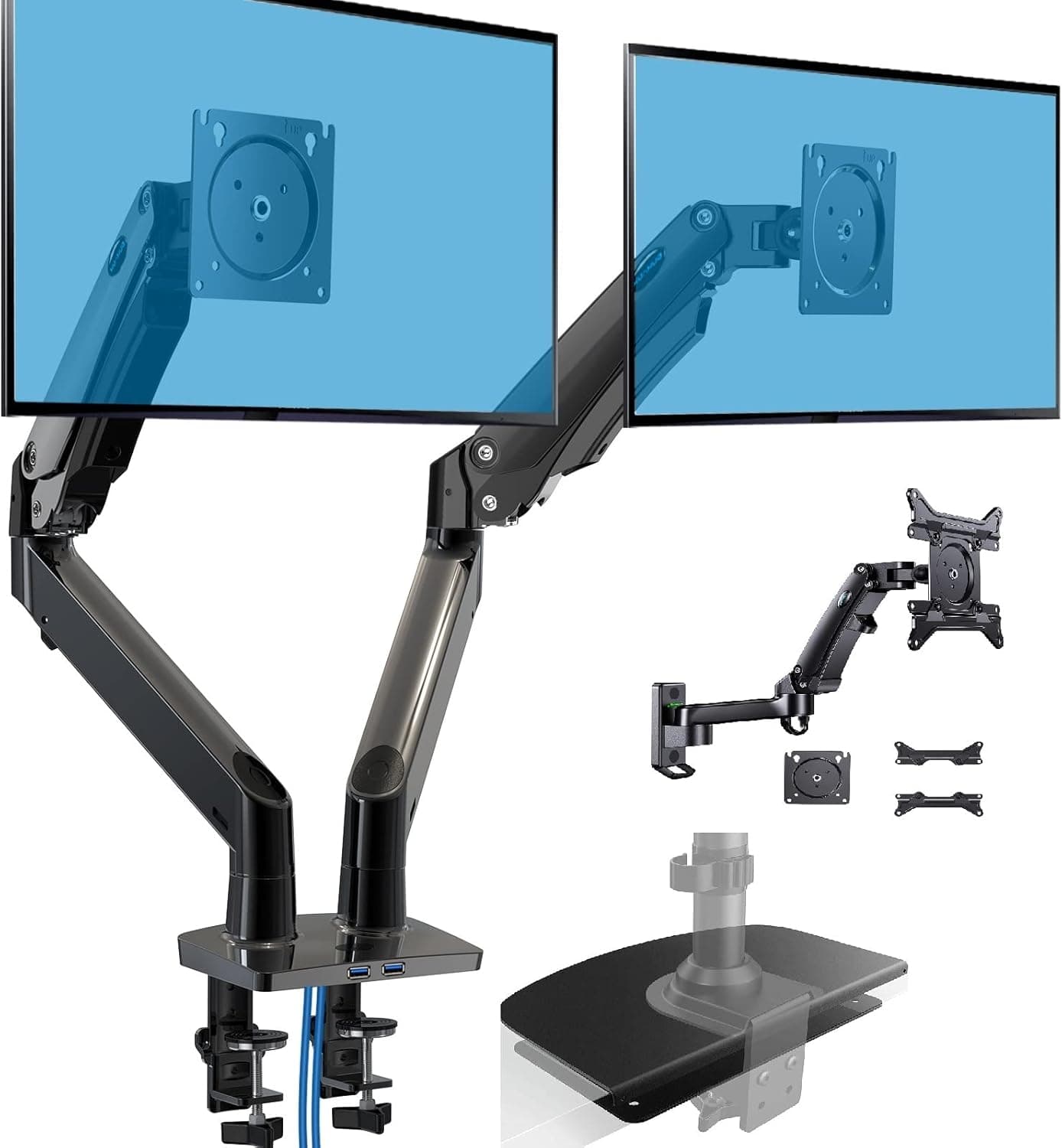 HUANUO Bundle – 3 Items: HUANUO Dual Monitor Stand for Two 15 to 35 inch Screens, TV Monitor Wall Mount for 22”-35” Ultrawide Screens and Steel Monitor Mount Reinforcement Plate