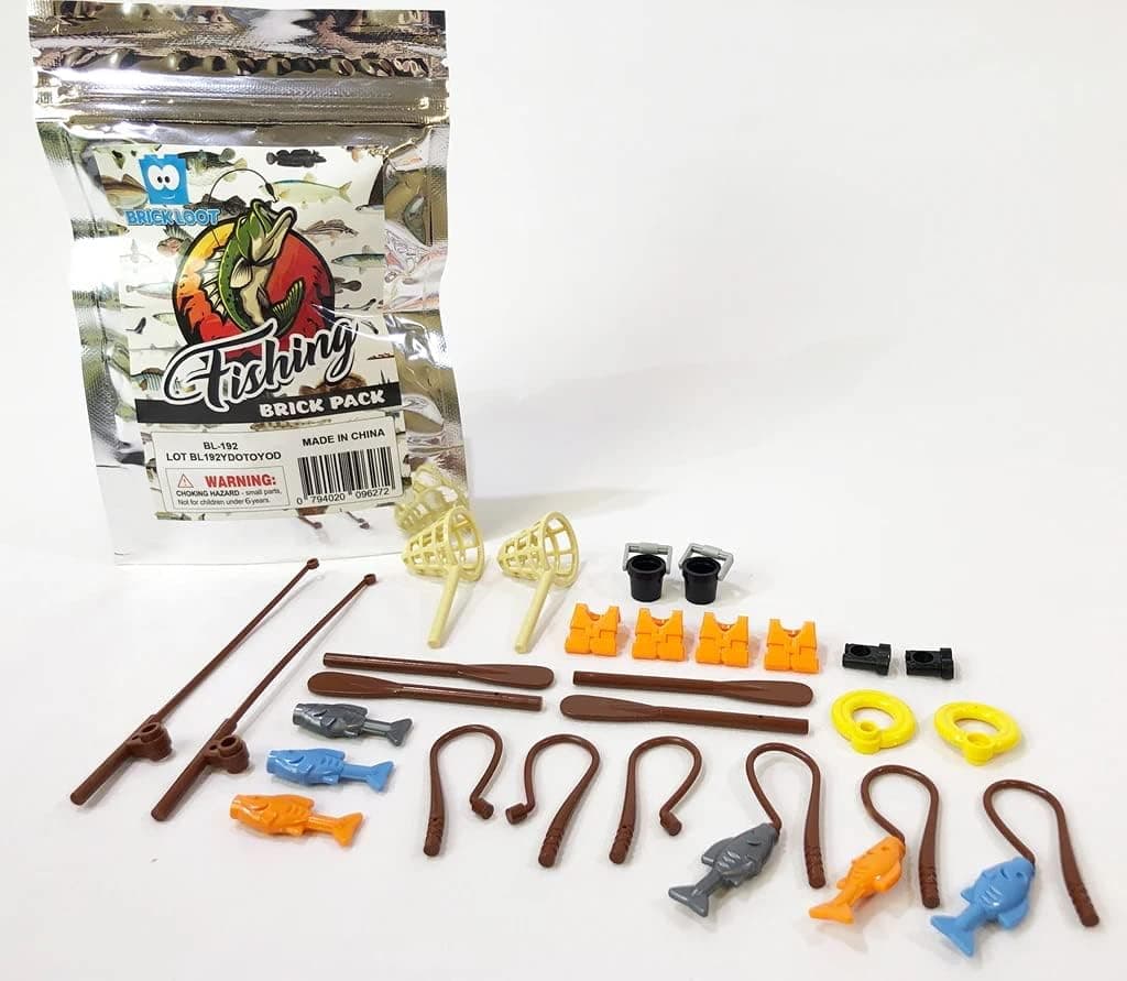 Toy Fishing Accessory Poly Bag Pack - Compatible with Major Brands Fits Lego Minifigure Scale - Poles, nets, Fish, Buckets, oars, Life preservers, and More