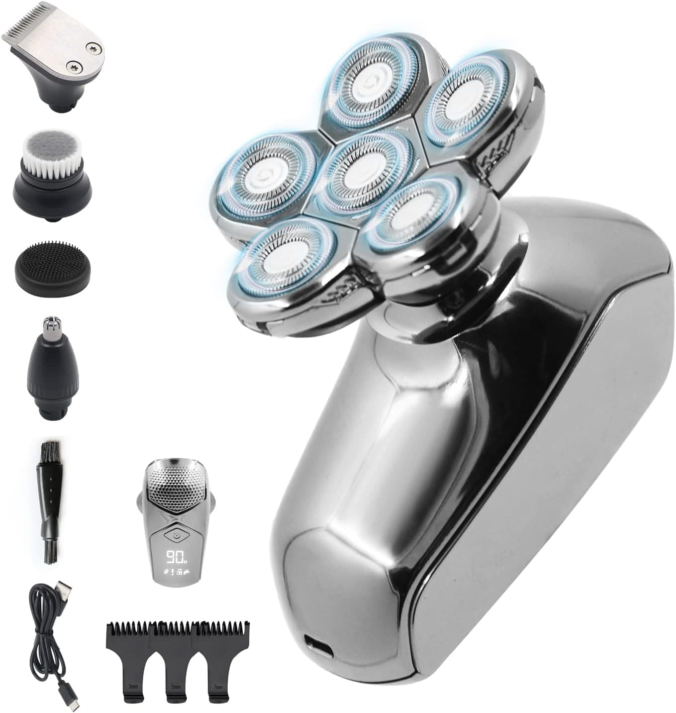 Head Shaver for Men, 5-in-1 6D Blade Mens Electric Razor LED Cordless Rechargeable IPX7 Waterproof Wet Dry Rotary Shavers Grooming Kit for Hair Nose Hair Beards and Facial Cleansing
