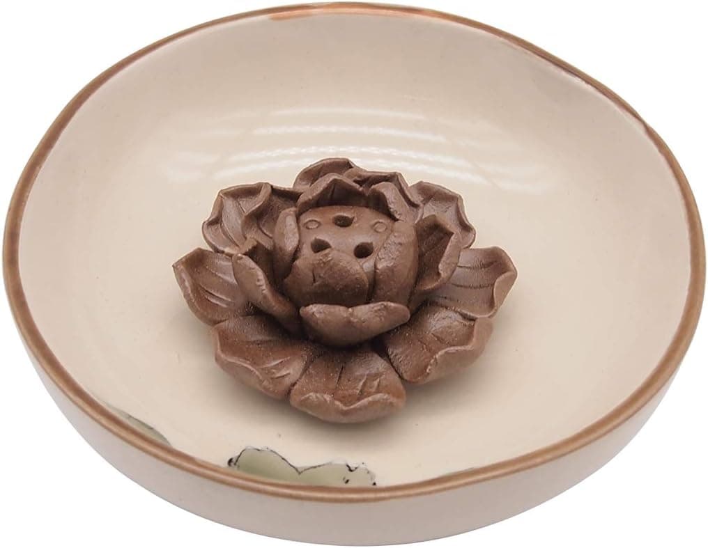TRENDBOX Ceramic Handmade Artistic Incense Holder Burner Stick Coil Lotus Ash Catcher Buddhist Water Lily Plate - Three Holes Light Yellow