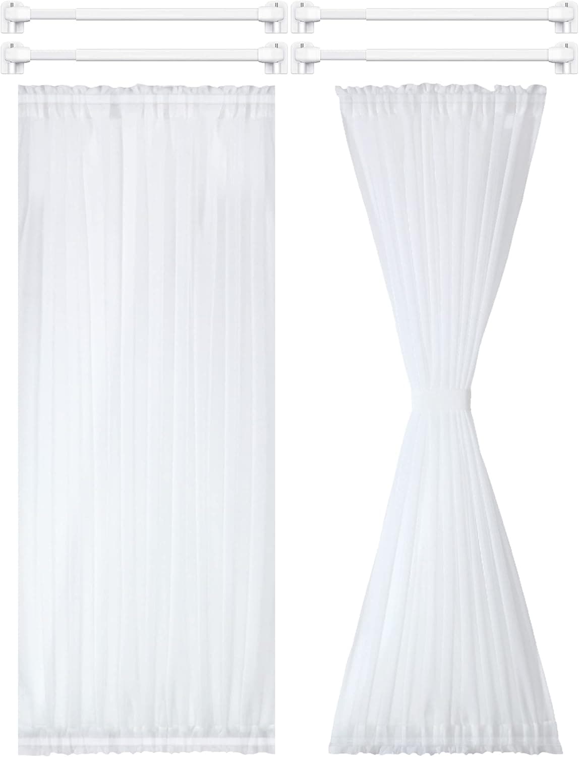 1 Set 2 Panel French Door Curtain Half Door Curtain Panel Sheer Voile Rod Pocket Curtain Panel with 4 Pieces Adjustable Curtain Rod and 8 Pieces Adhesive Curtain Rod Hooks (White,54 x 72 Inches)