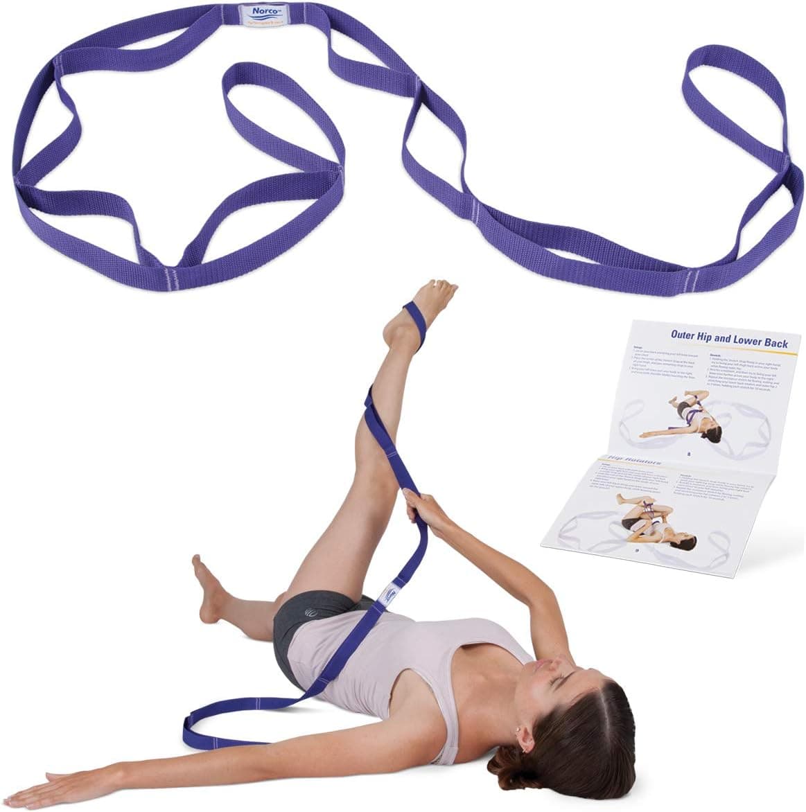 Norco Stretch Strap with Loops for Physical Therapy, Flexibility, Range of Motion and Workouts with Exercise Book. Non-Elastic Band for Yoga, Pilates. Stretch Out Hamstring, Knee, calf, Back, Shoulder