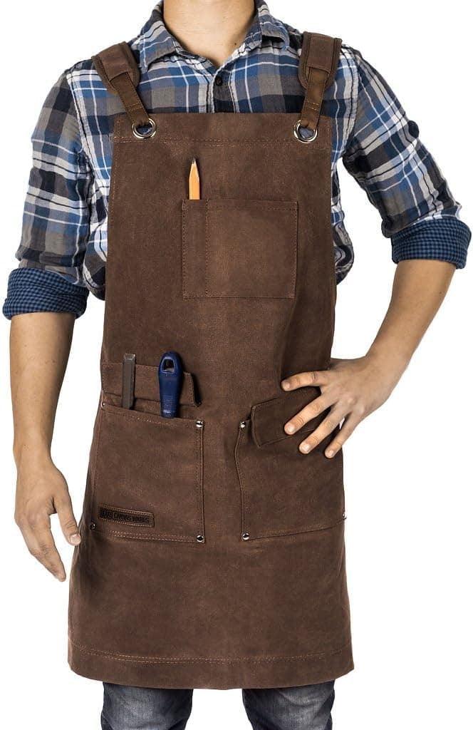 Texas Canvas Wares Woodworking Apron, Heavy Duty Waxed Canvas Work Apron With Pockets - M-XL Shop Apron for Men with Double Stitching, and Comfy Design - Brown, Adjustable Back Straps