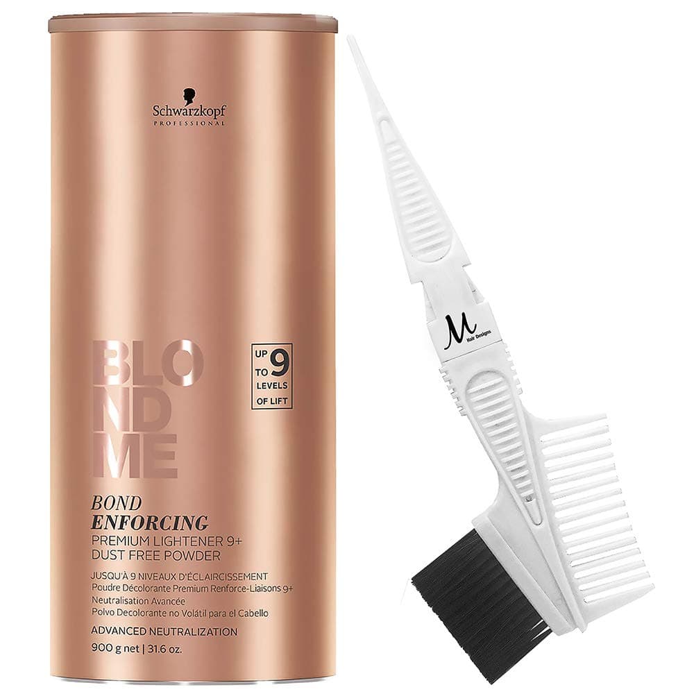 BlondMe Lightener 9+ Bond Enforcing Premium Dust Free Powder XXL 900 grams and M Hair Designs Tint Brush/Comb (Bundle 2 items)