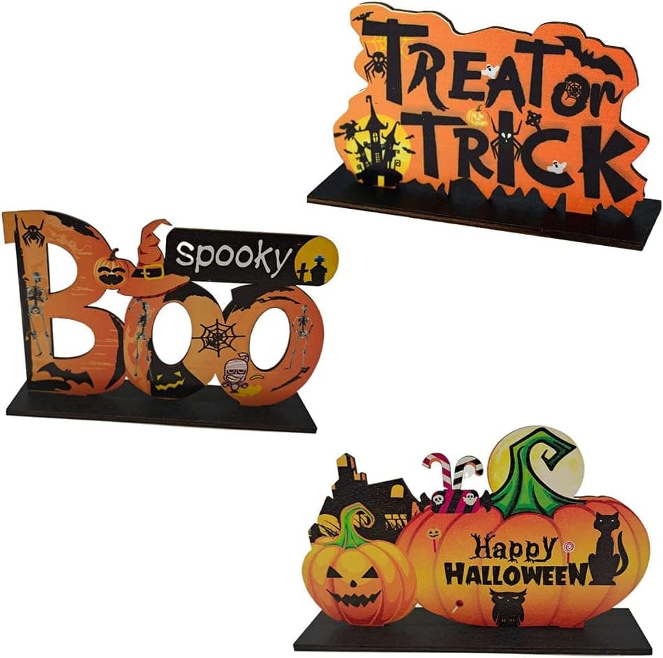 MEMOVAN 3pcs Happy Halloween Table Decorations, Trick or Treat Pumpkin Boo Spooky Table Centerpieces Sign Halloween Ornaments for Halloween Party Supplies Room Office Home Table Topper Decoration