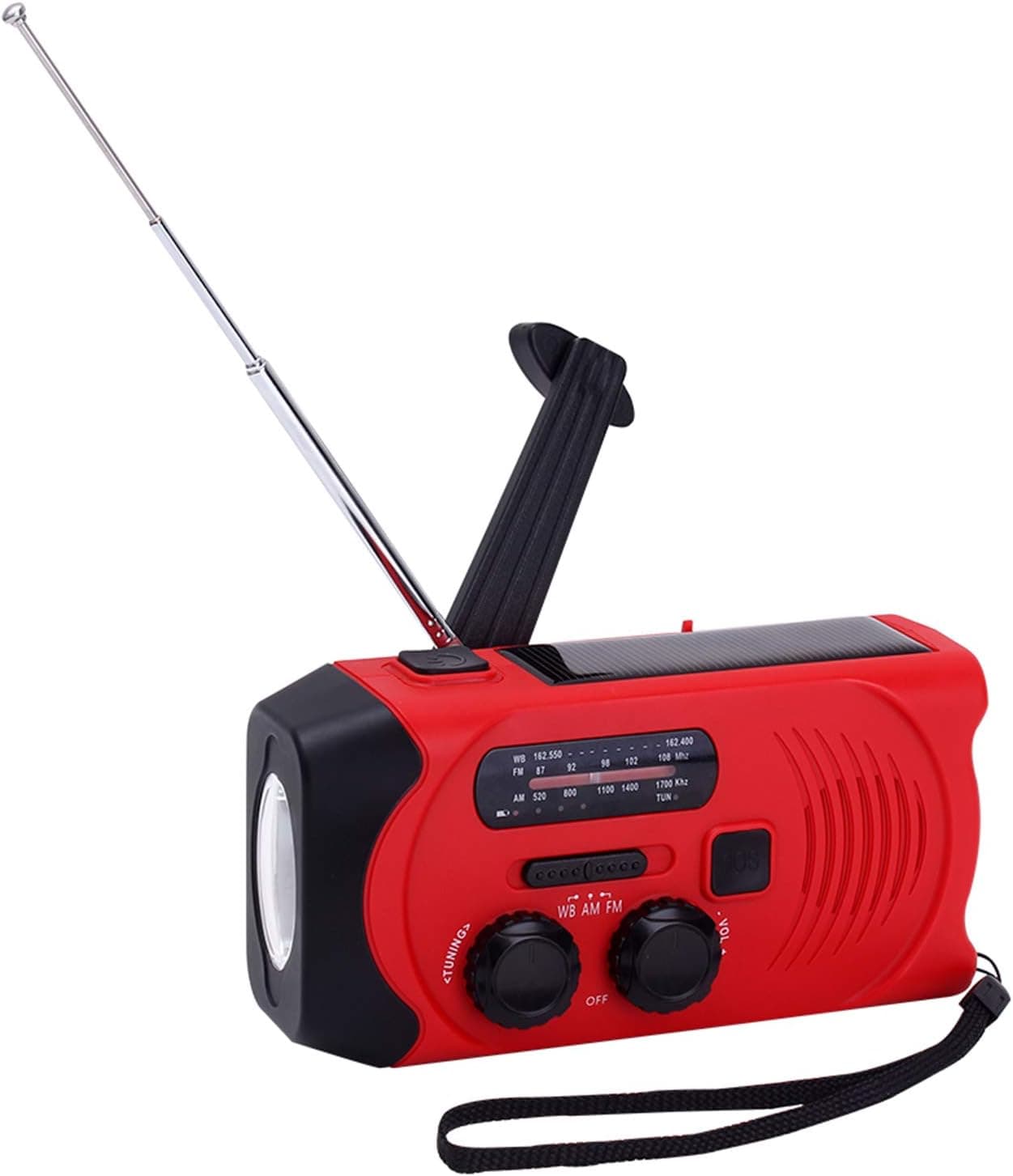 AIRSSON SOS 2000mAh Emergency Solar Hand Crank Portable Radio,NOAA Weather Radio for Household and Emergency with AM/FM,LED Flashlight,Reading Lamp,USB Charger,Battery Indicator (Red)