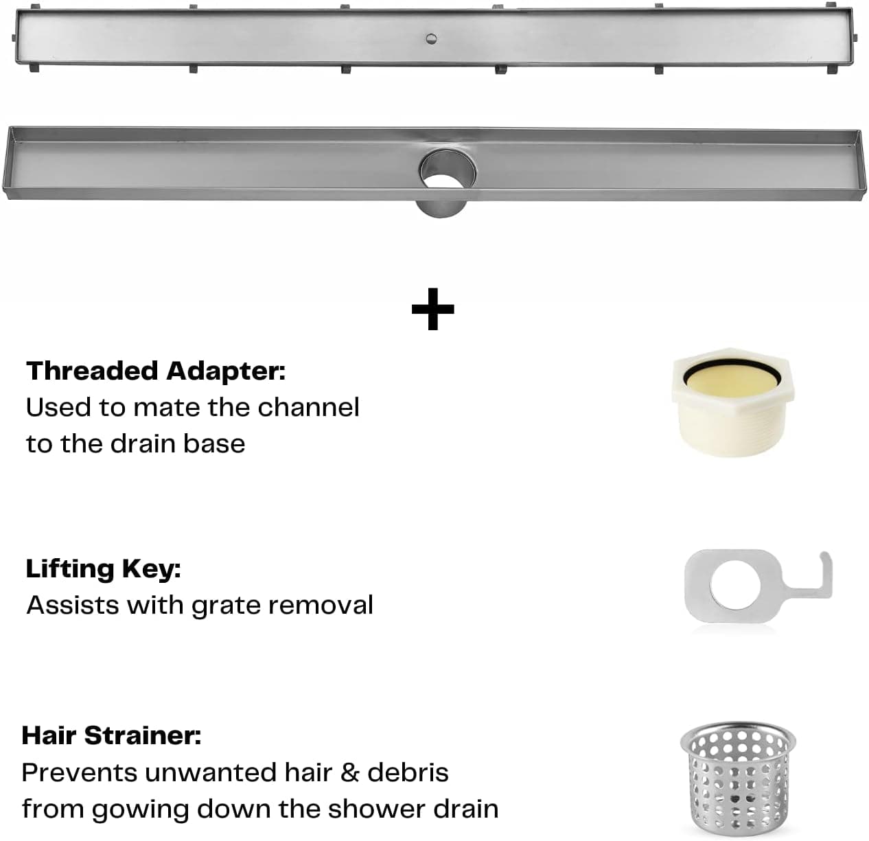 DreamDrain Professional Stainless Steel Linear Drain with Tile Floor Grate - Easy Installation Shower Drain Kit with Hair Catcher (42 x 2.75 Inches)
