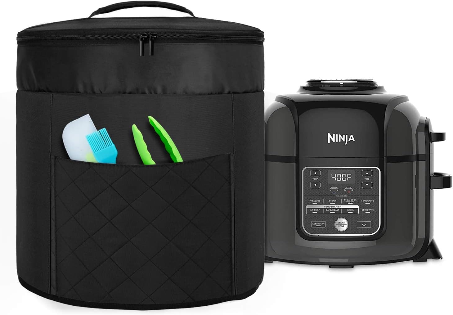 Luxja Pressure Cooker Cover Compatible with 8 Quart Ninja Foodi (with zippered section for lid), Dust Cover for Ninja Pressure Cooker (Wipeable Foil Lining), Black (Quilted Front pocket)