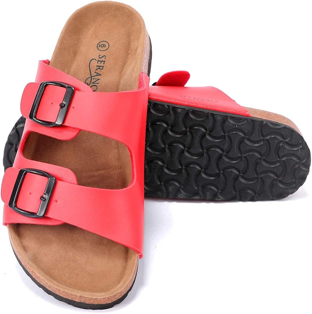 Seranoma Slide Sandals for Women - Comfortable Slip On Cork Footbed Sandals with Adjustable Buckles - Ladies Slip-Resistant Platform Summer Flat Sandals for Beach, Home, Indoor and Outdoor Use