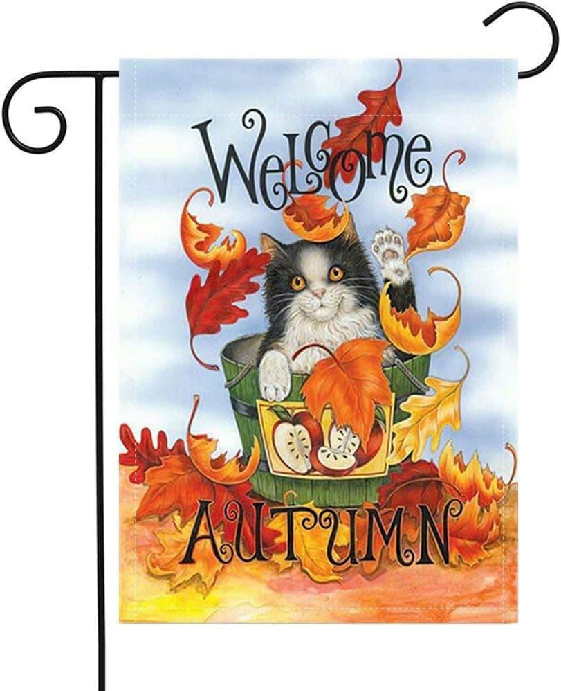 ULOVE LOVE YOURSELF Welcome Autumn Garden Flag Happy Fall Cat with Maple Leaves Double Sided Pattern 12.5 x 18 Inch for Patio Lawn Yard Outdoor Seasonal Decoration (Cat)