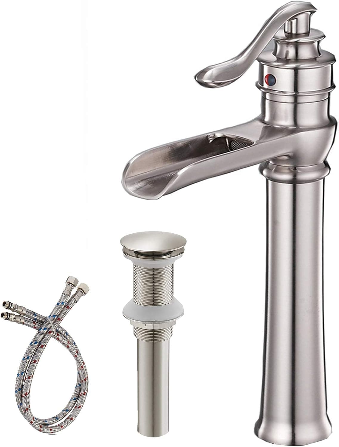 BWE Vessel Sink Faucet Brushed Nickel Waterfall Spout Tall Body Single Hole with Brass Pop Up Drain Assembly Without Overflow Bathroom Lavatory Vanity Faucets Commercial