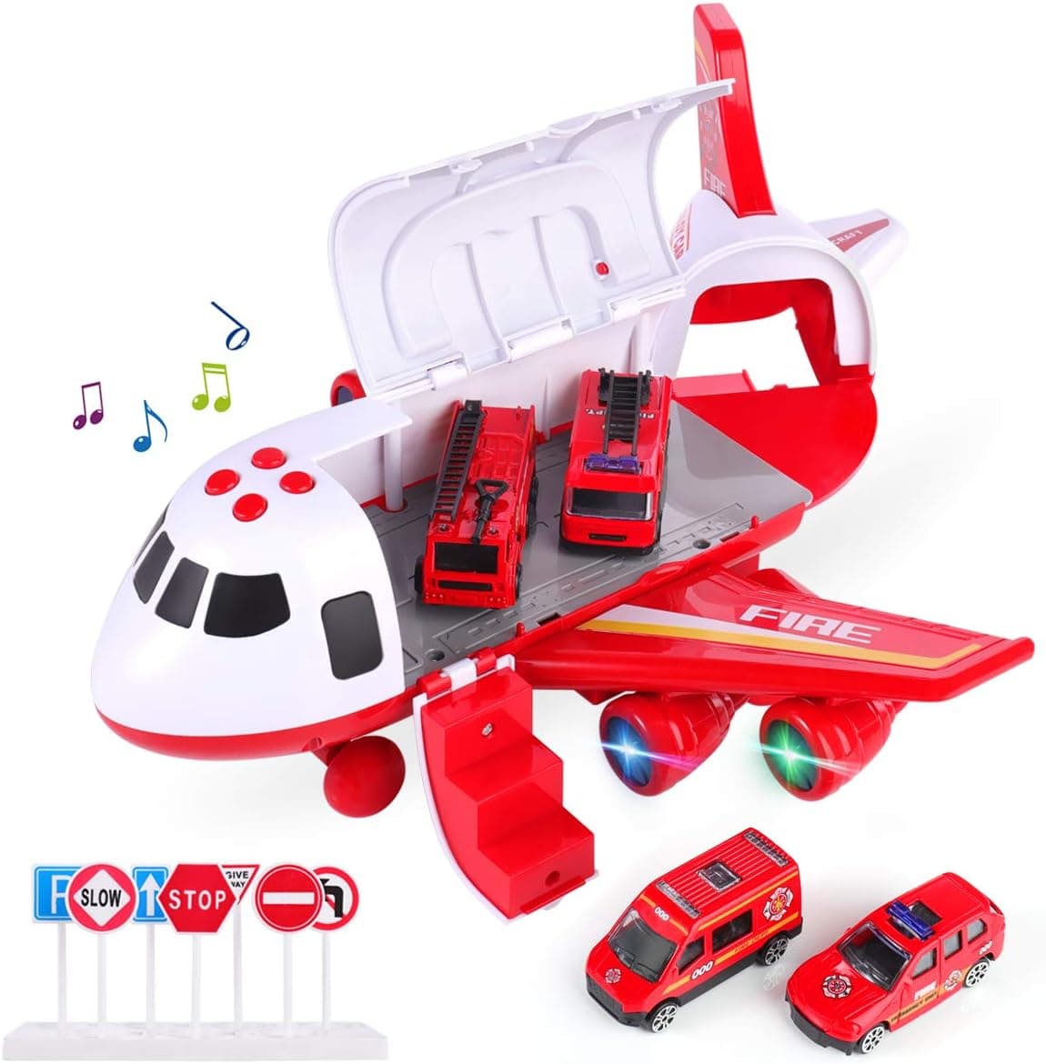 Airplane Toys, Cars Toys Set Fire Truck/Engineering Vehicle/Police Car Toys Christmas Birthday Gift for 3 4 5 6 Years Old Boys Toddlers Deformable Aircraft Storage Cars Toy (red in Blue Police Box)