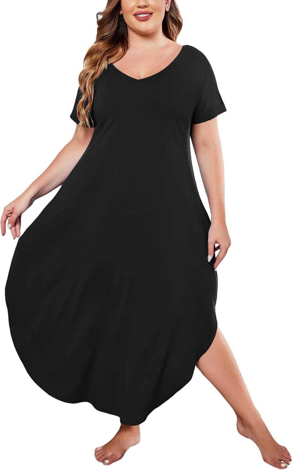 IN'VOLAND Women Plus Size Nightgowns Short Sleeve Nightdress V Neck Loungewear Sleepwear Night Wear Long Nightdress XL-5XL