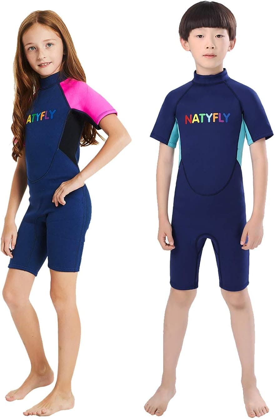 NATYFLY Kids Wetsuit for Girls Boys Toddlers, Shorty Wetsuits 2mm Neoprene Diving Suits for Youth Short Sleeve Back Zip Wet Suits Thermal Swimsuits Keep Warm for Swim Lessons (3-4 Years/L, Pink-Blue)