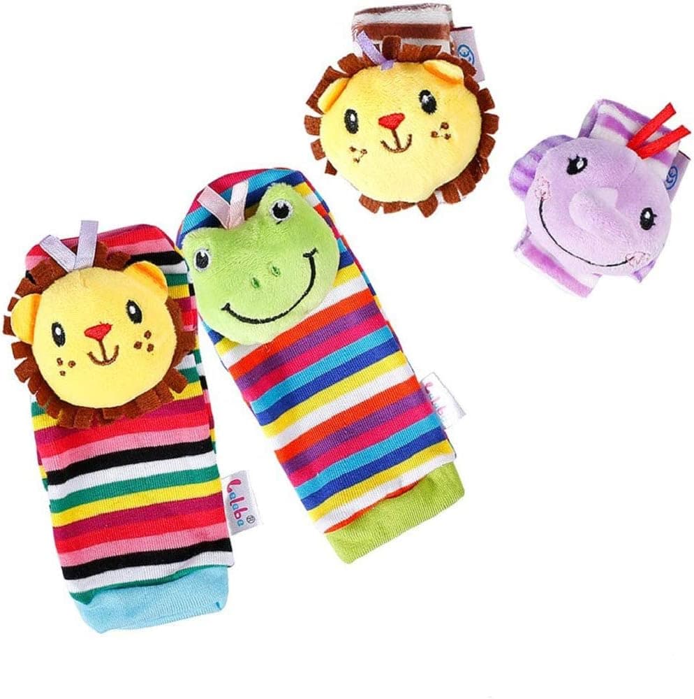 daisy's dream 4 Packs Baby Wrist Rattles and Foot Finder Socks Toys Set, Animal Soft Educational Development Toy (Lion & Elephant)