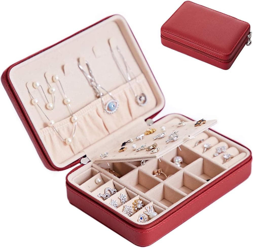 Small Faux Leather Jewelry Box Organizer, Portable Travel Jewelry Case - Zipper, Wine Red