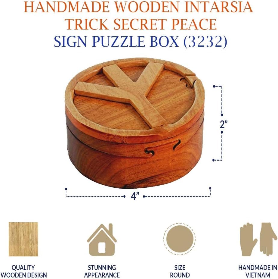 South Asia Trading Handmade Wooden Intarsia TRICK SECRET Peace sign Puzzle Box (3232)