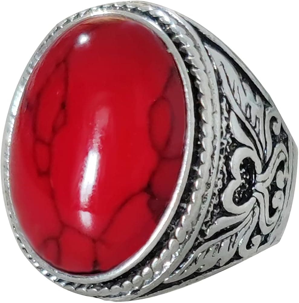 Blue/Red Oval Created Turquoise Ring, Chic Statement Ring, Stylish Vintage Jewelry for Women and Girls