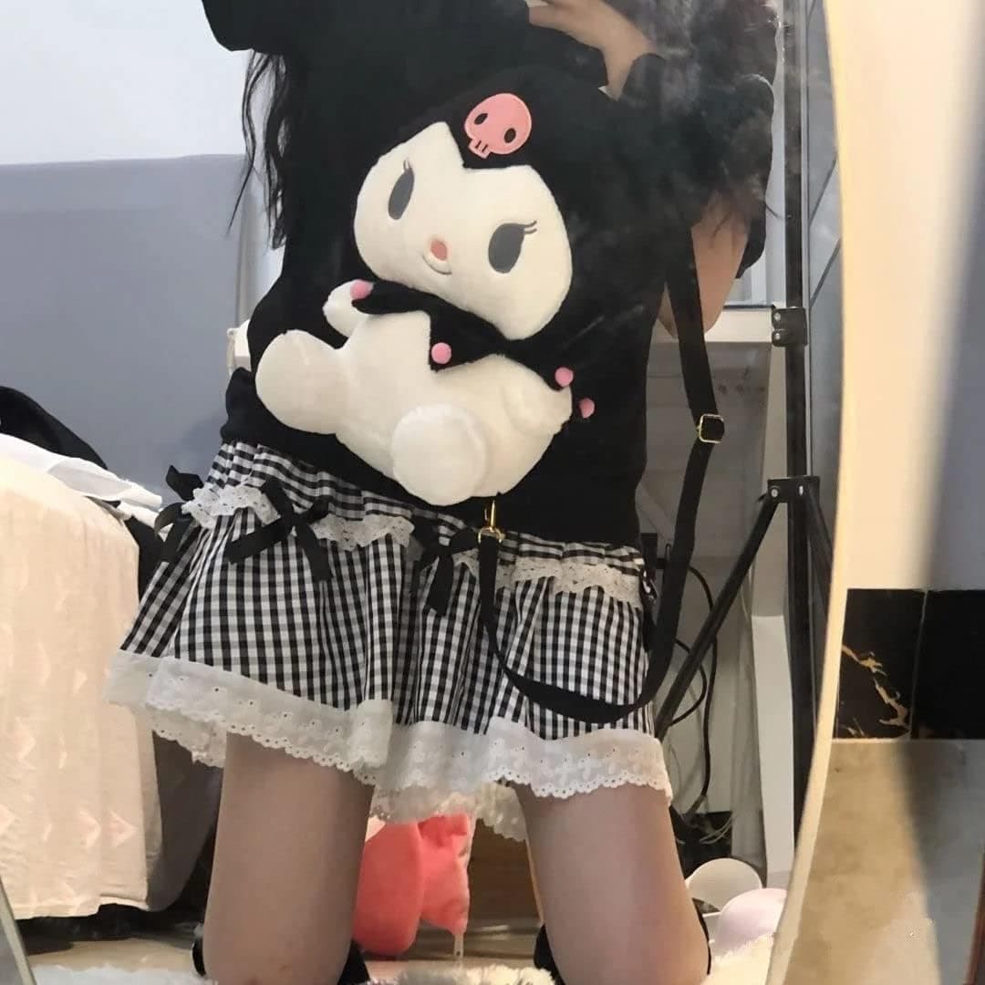 EVESKY Kawaii Plush Backpack For Girls Women Cute Cartoon Plush Bag Soft Schoolbag for Girls Toy Bags Birthday Gifts (Black)