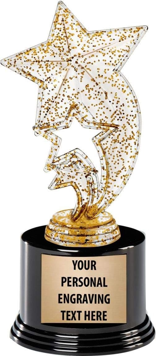 Crown Awards Star Trophies with Custom Engraving, 7.25" Personalized Gold Glitter Rocket Star Trophy On Deluxe Round Base Prime