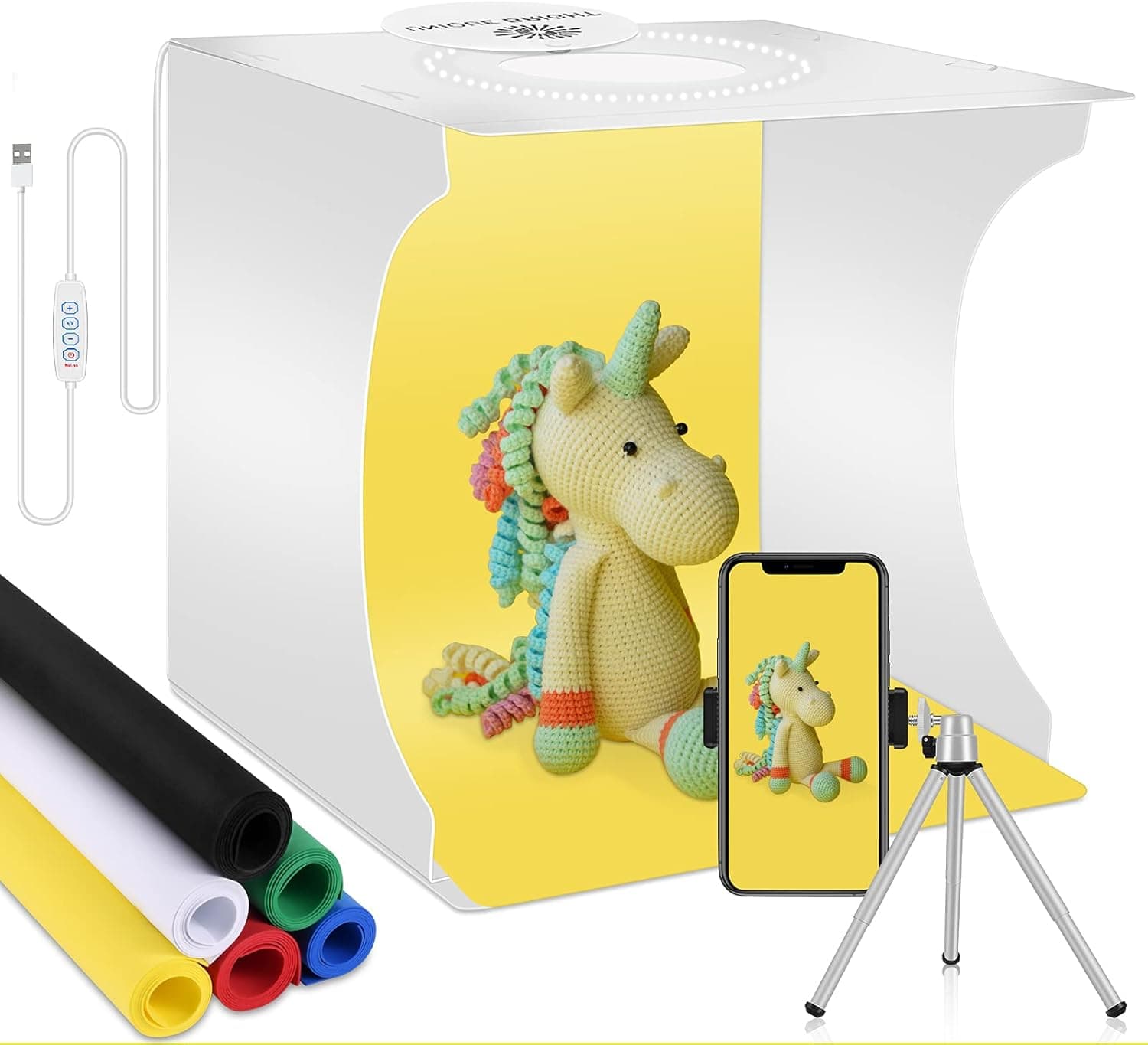 Photography Light Box Photo Studio Booth with 128 LED Portable Shooting Tent kit for Small Product Jewelry,Necklace,3 Light Colors +Phone Tripod Holder +6 Backdrops (12x12 inch).