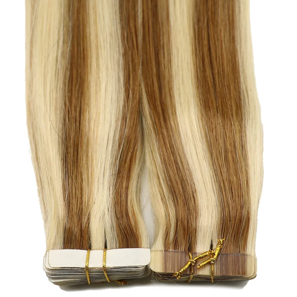Eufficco Real Human Hair TAPE IN HAIR EXTENSIONS 14inch Pinao Color 6/60 Chestnut Brown/Ash Blonde Highlights 20pcs 50g Remy Hair Silky Soft Double Drawn Skin Weft Human Remy Hair Extensions