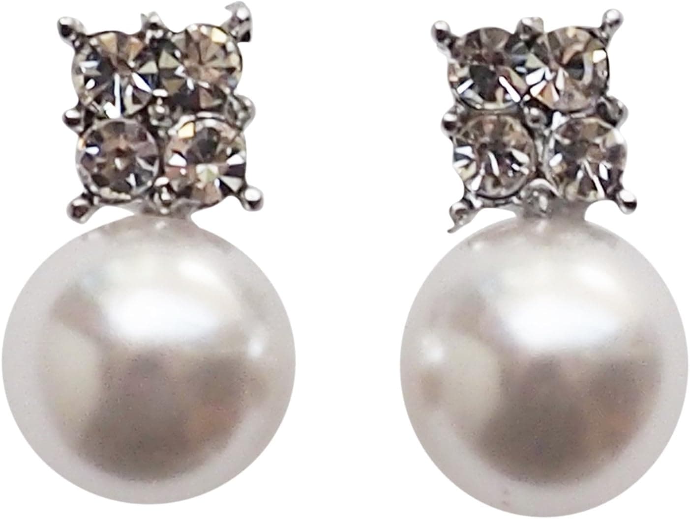 Women’s White Pearl Invisible Clip on Earrings – Comfortable Bridal Crystal Non Pierced Clip on Stud Earrings Miyabi Grace Gold Silver tones Wedding