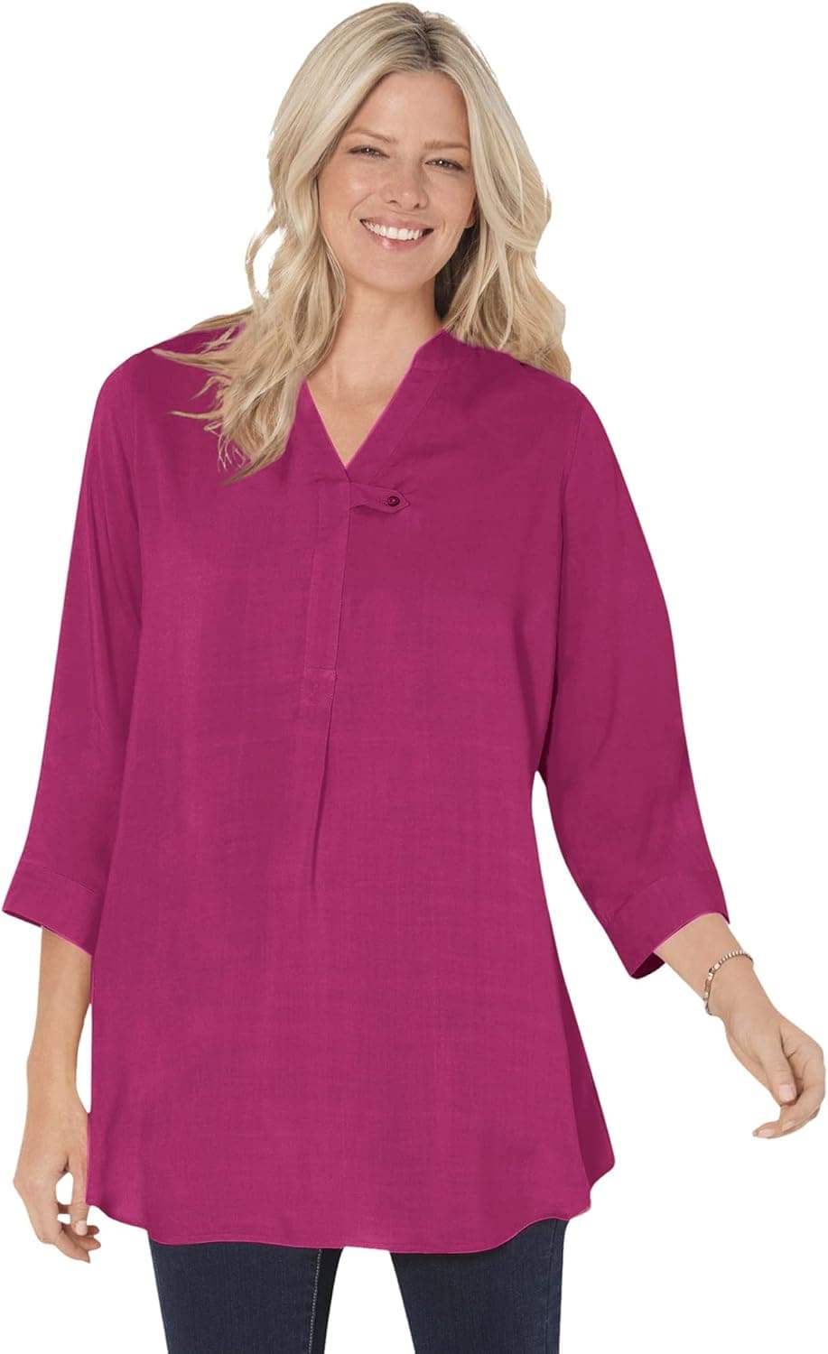 Woman Within Women's Plus Size Three-Quarter Sleeve Tab-Front Tunic - L, Raspberry Pink