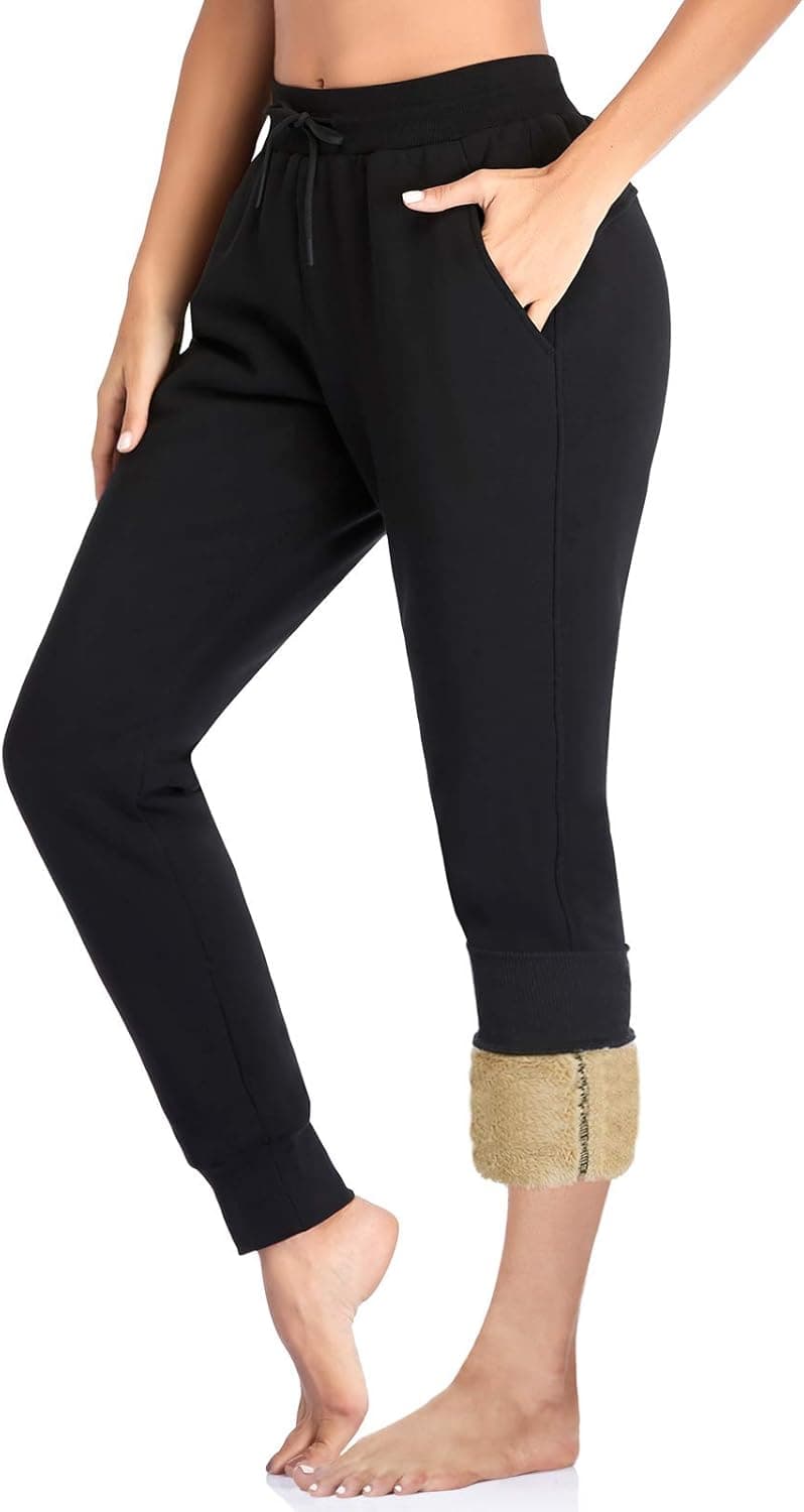 FIRST WAY Women's Thermal Jogger Sweatpants with Pocket Tapered Active Pants for Winter Fleece Lined