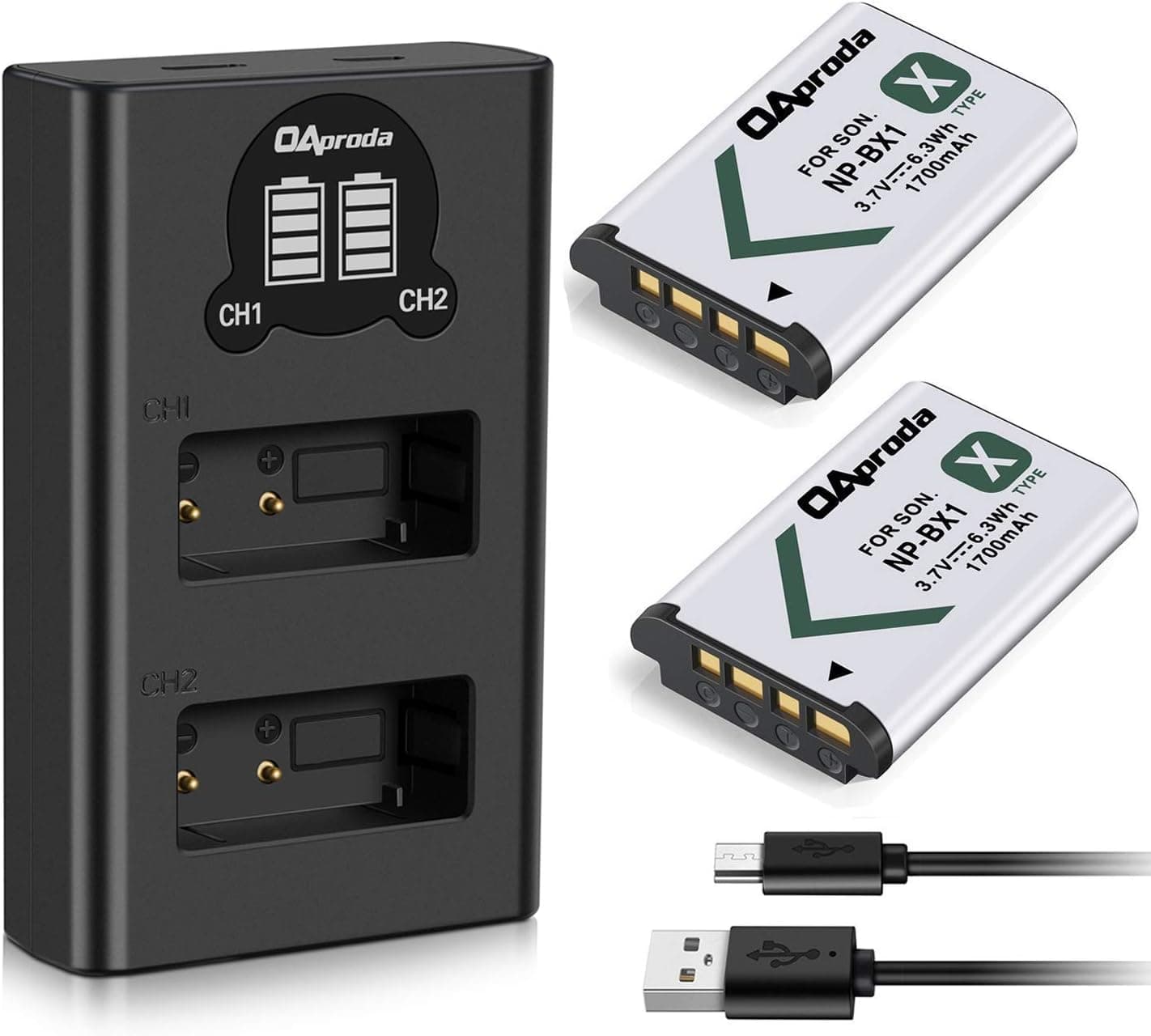 OAproda 2 Pack NP-BX1 Battery and LCD Dual USB Charger for Sony NP-BX1/M8, Cyber-Shot DSC-RX100, HX80, RX100 III, HX350, RX100 RII, RX100 IV, RX100 VII, HX50V, HX90V, HX95, HX99, HX300, RX1