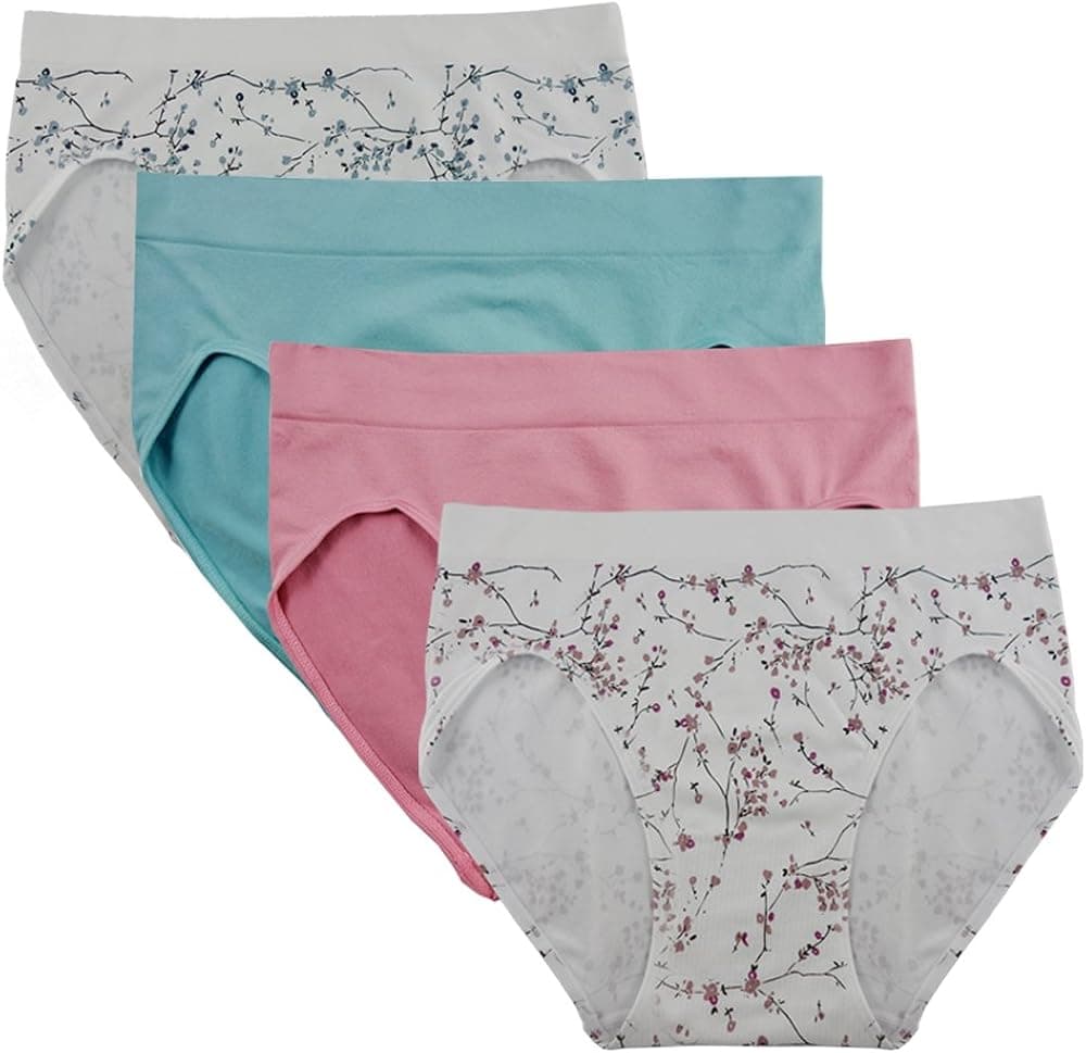 FEM Women's Underwear Seamless Briefs High-Cut Panties - 3 Pack or 4 Pack (Large, Blossom Combo 4 Pck - Reusable Bag)